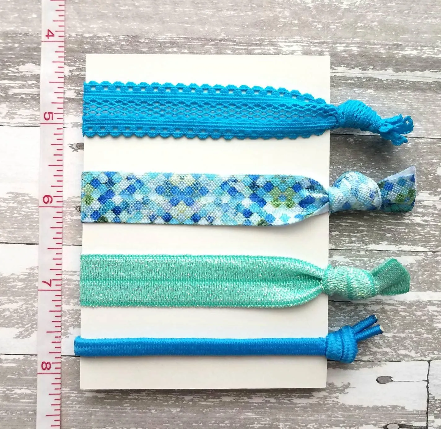 Mermaid Hair Set - aqua teal blue green stretch lace elastic ribbon knot tie ponytail holder accessory - dragon scale mosaic ladies girls