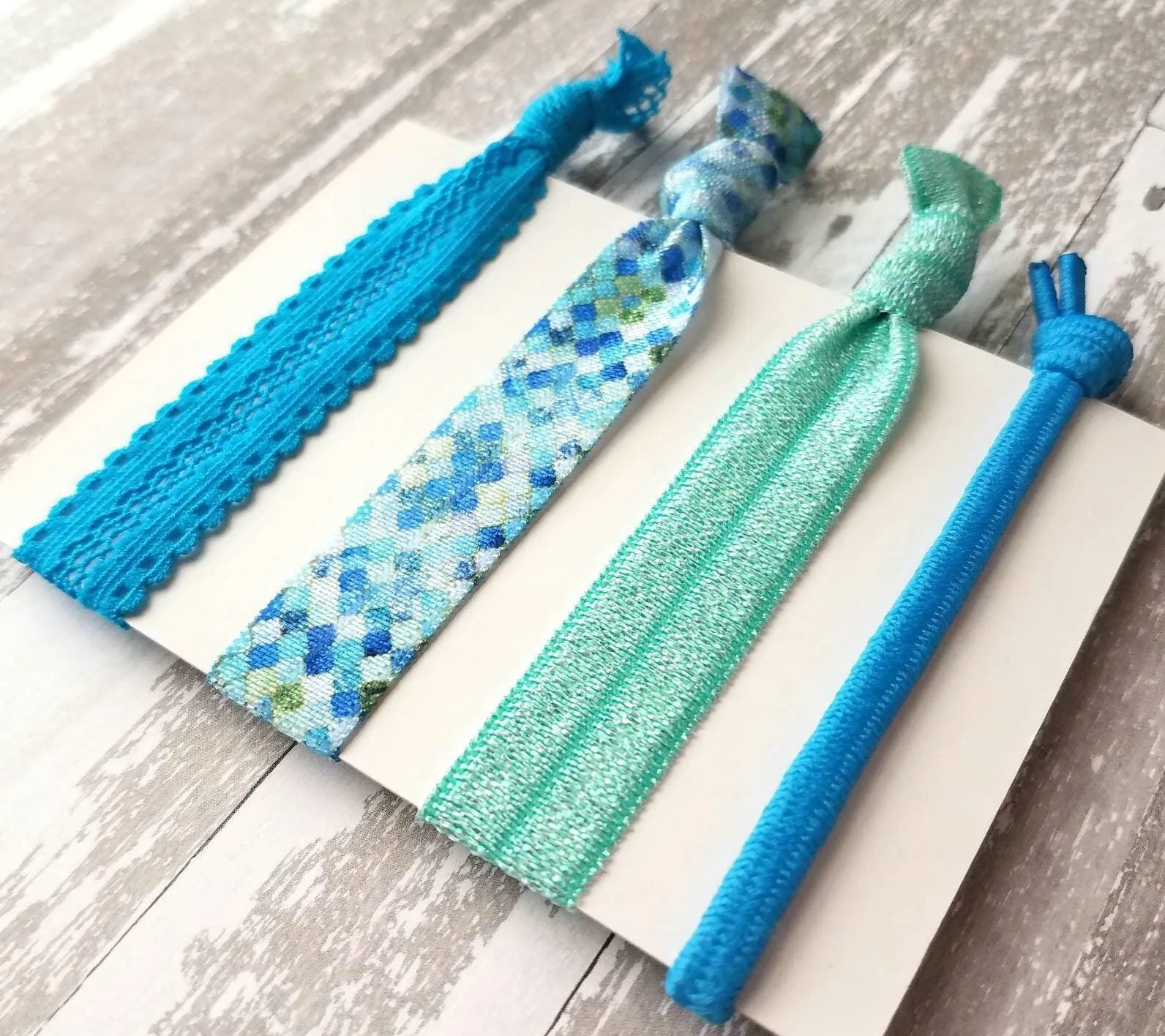 Mermaid Hair Set - aqua teal blue green stretch lace elastic ribbon knot tie ponytail holder accessory - dragon scale mosaic ladies girls