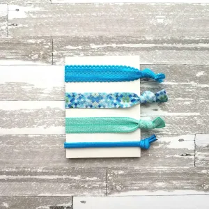 Mermaid Hair Set - aqua teal blue green stretch lace elastic ribbon knot tie ponytail holder accessory - dragon scale mosaic ladies girls