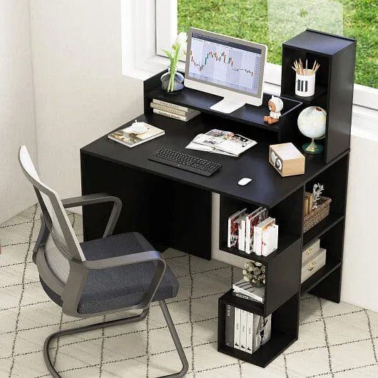 Modern Computer Desk with Storage Bookshelf and Hutch for Home Office-Black - Co