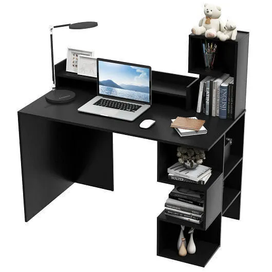 Modern Computer Desk with Storage Bookshelf and Hutch for Home Office-Black - Co