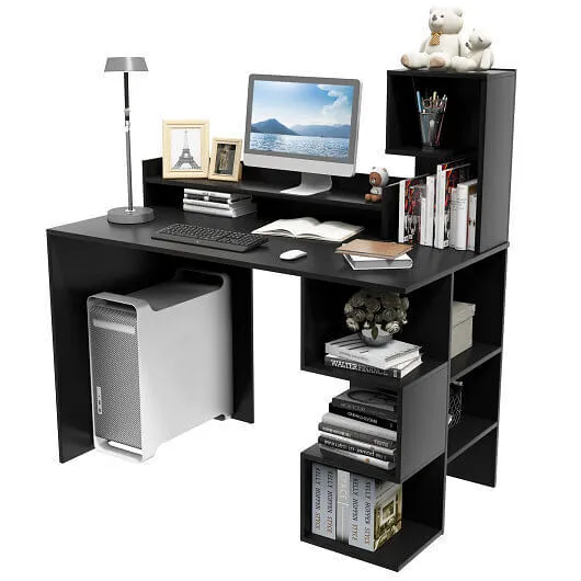 Modern Computer Desk with Storage Bookshelf and Hutch for Home Office-Black - Co