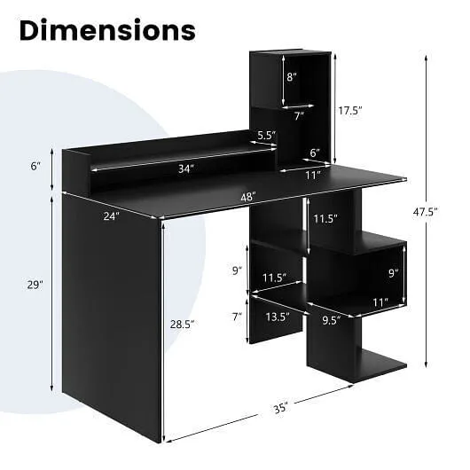 Modern Computer Desk with Storage Bookshelf and Hutch for Home Office-Black - Co
