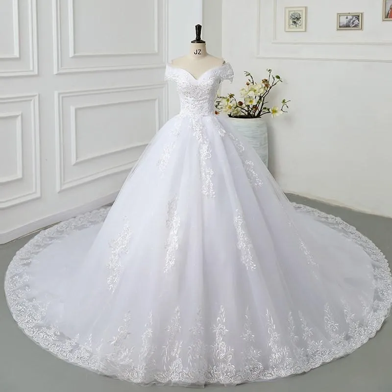 Off The Shoulder Wedding Dress light Appliques Pearls Lace Fashion