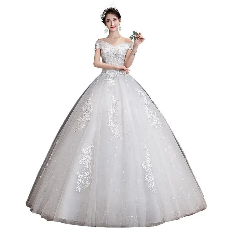 Off The Shoulder Wedding Dress light Appliques Pearls Lace Fashion