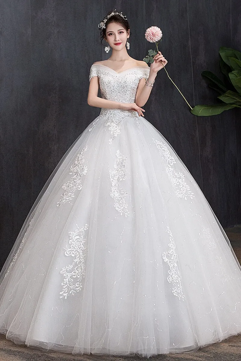 Off The Shoulder Wedding Dress light Appliques Pearls Lace Fashion