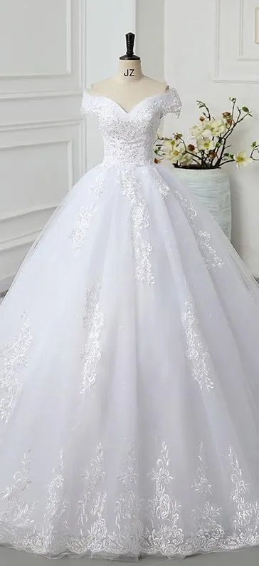Off The Shoulder Wedding Dress light Appliques Pearls Lace Fashion