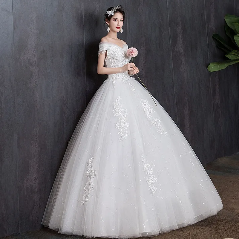 Off The Shoulder Wedding Dress light Appliques Pearls Lace Fashion