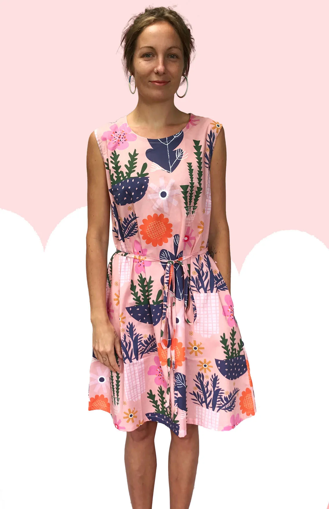 Peach Retro Pot Plant Garden 100% cotton dress with pockets (sleeveless)