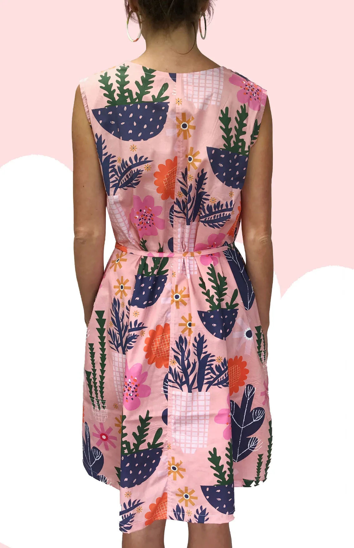 Peach Retro Pot Plant Garden 100% cotton dress with pockets (sleeveless)