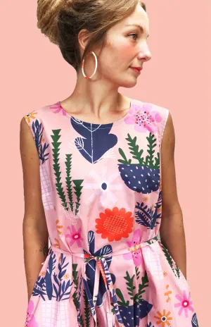 Peach Retro Pot Plant Garden 100% cotton dress with pockets (sleeveless)