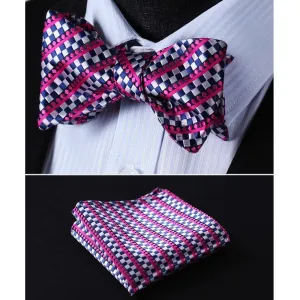 Pink Blue Mens Silk Self tie Bow Tie with Pocket Squares Set