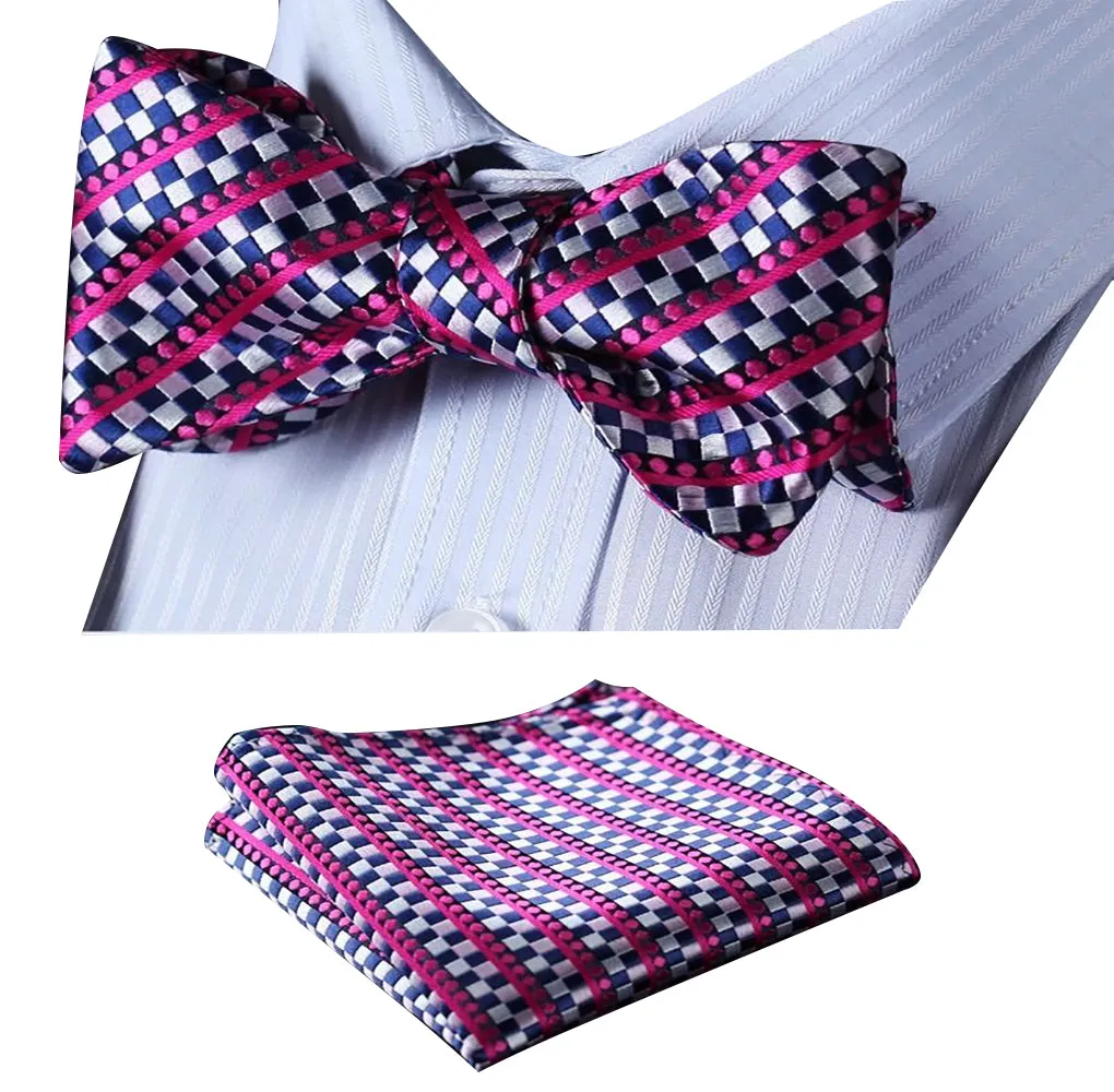 Pink Blue Mens Silk Self tie Bow Tie with Pocket Squares Set