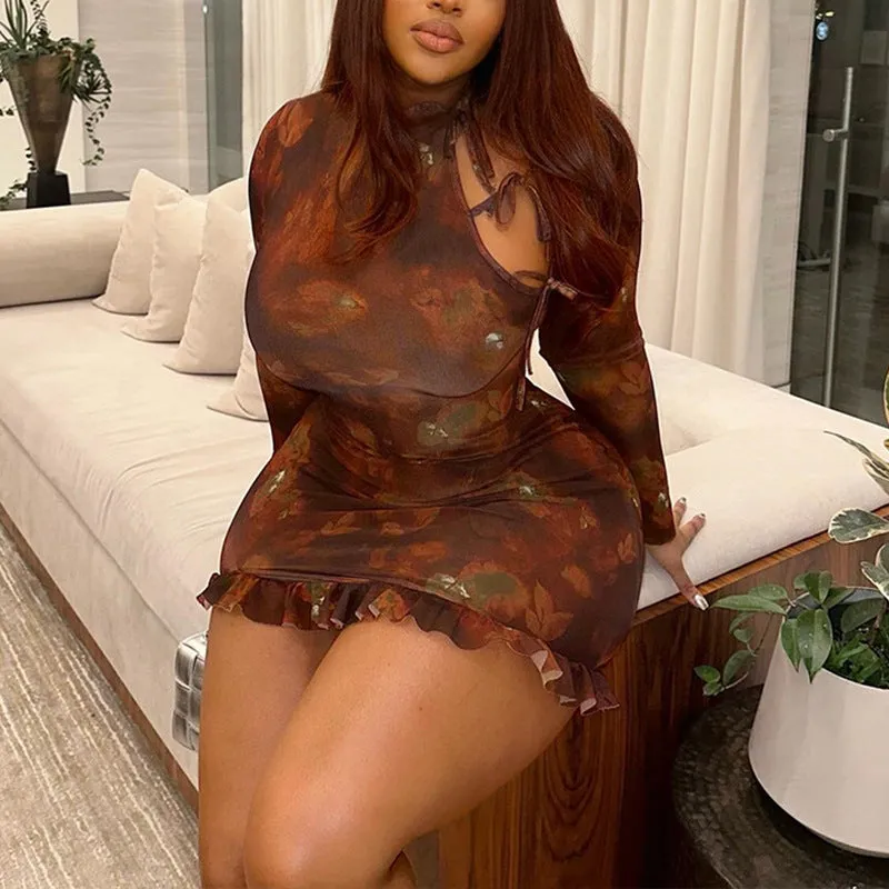 Printed Long Sleeved Lace Dress