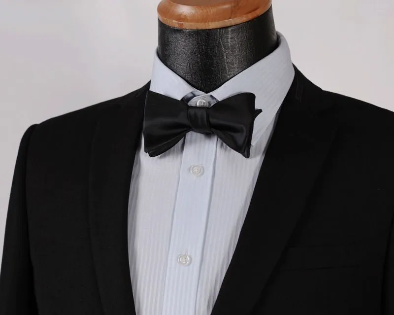 Pure Black Solid Mens Silk Self tie Bow Tie with Pocket Squares Set
