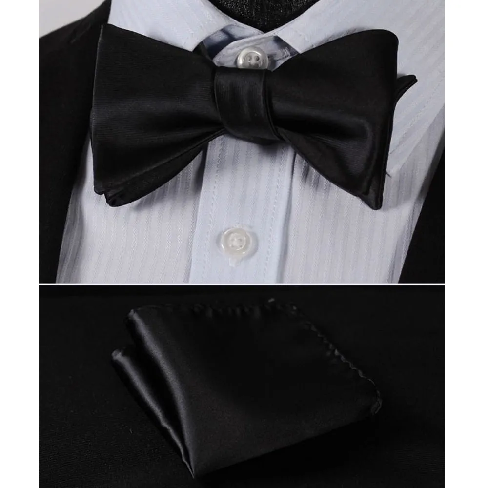 Pure Black Solid Mens Silk Self tie Bow Tie with Pocket Squares Set