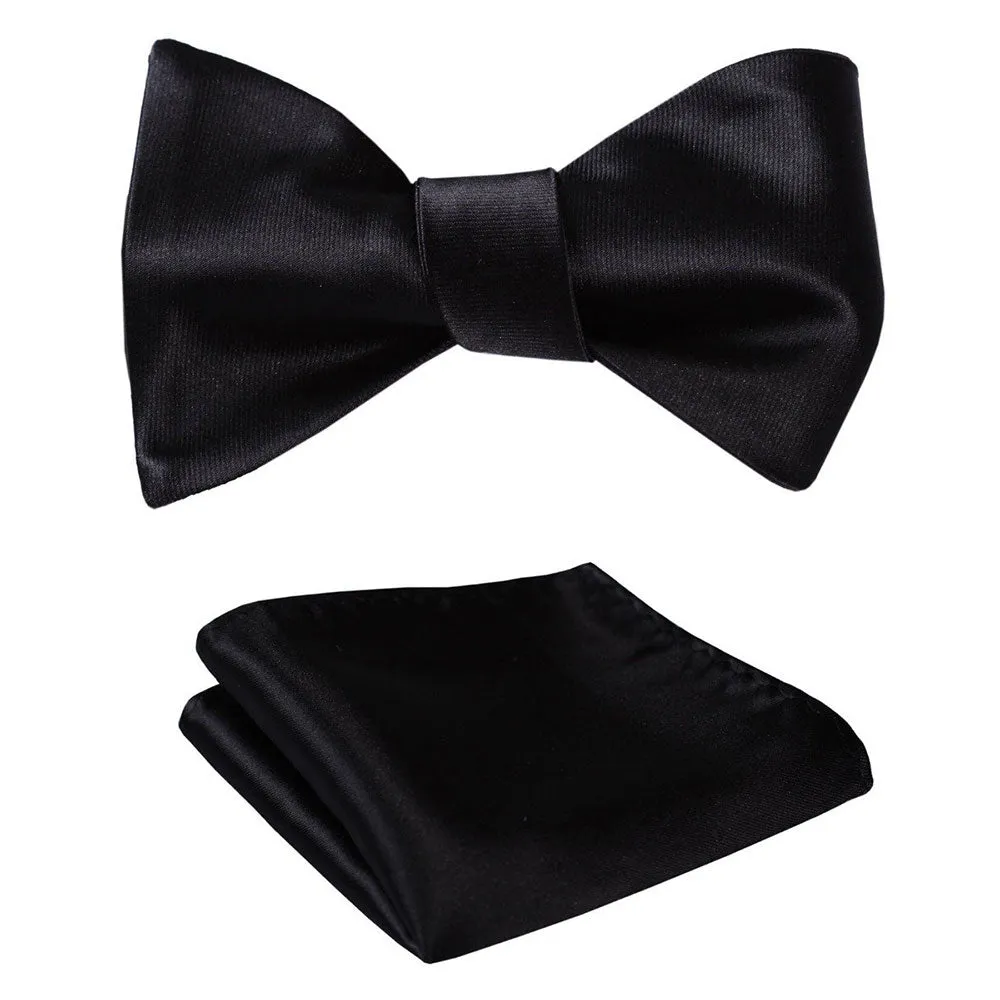 Pure Black Solid Mens Silk Self tie Bow Tie with Pocket Squares Set