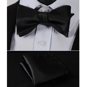 Pure Black Solid Mens Silk Self tie Bow Tie with Pocket Squares Set
