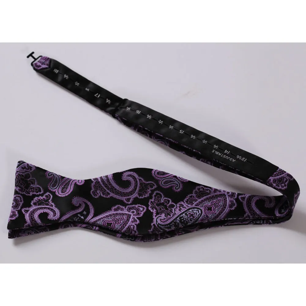 Purple Black Paisley Mens Silk Self tie Bow Tie with Pocket Squares Set