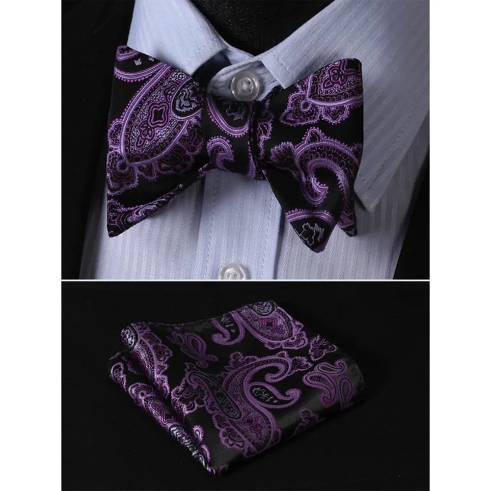 Purple Black Paisley Mens Silk Self tie Bow Tie with Pocket Squares Set