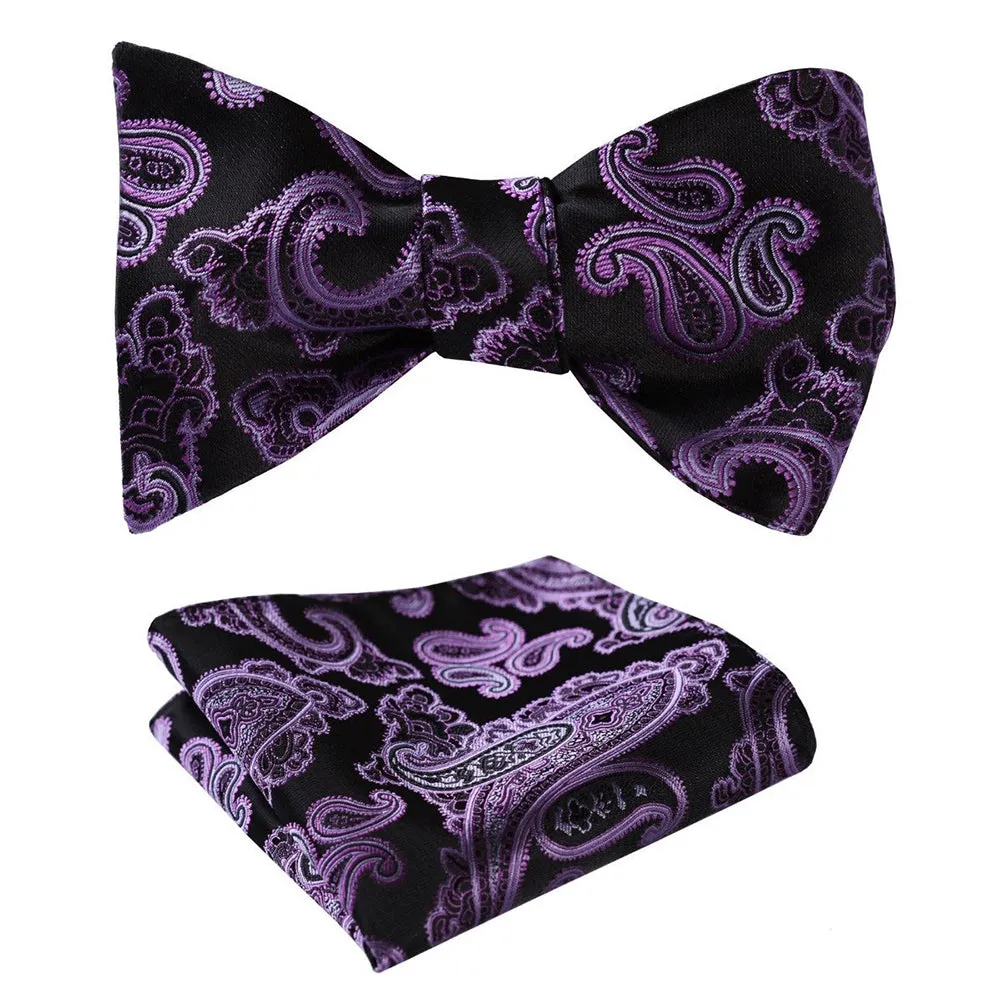 Purple Black Paisley Mens Silk Self tie Bow Tie with Pocket Squares Set