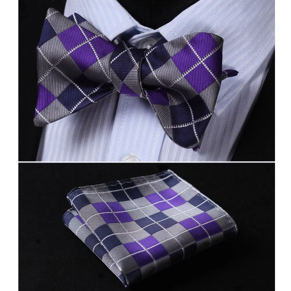 Purple Navy Blue Check Mens Silk Self tie Bow Tie with Pocket Squares Set