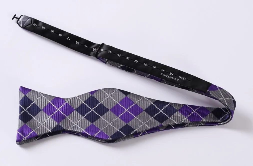 Purple Navy Blue Check Mens Silk Self tie Bow Tie with Pocket Squares Set