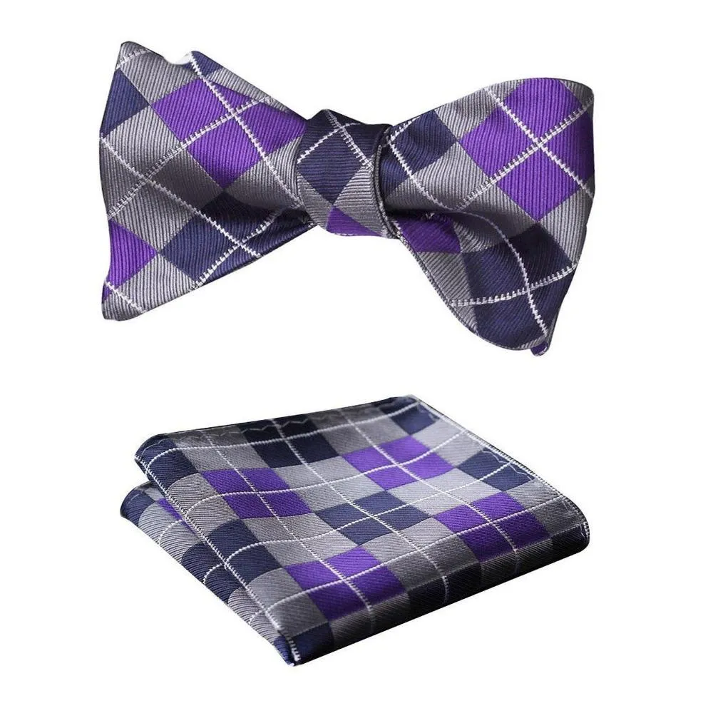 Purple Navy Blue Check Mens Silk Self tie Bow Tie with Pocket Squares Set