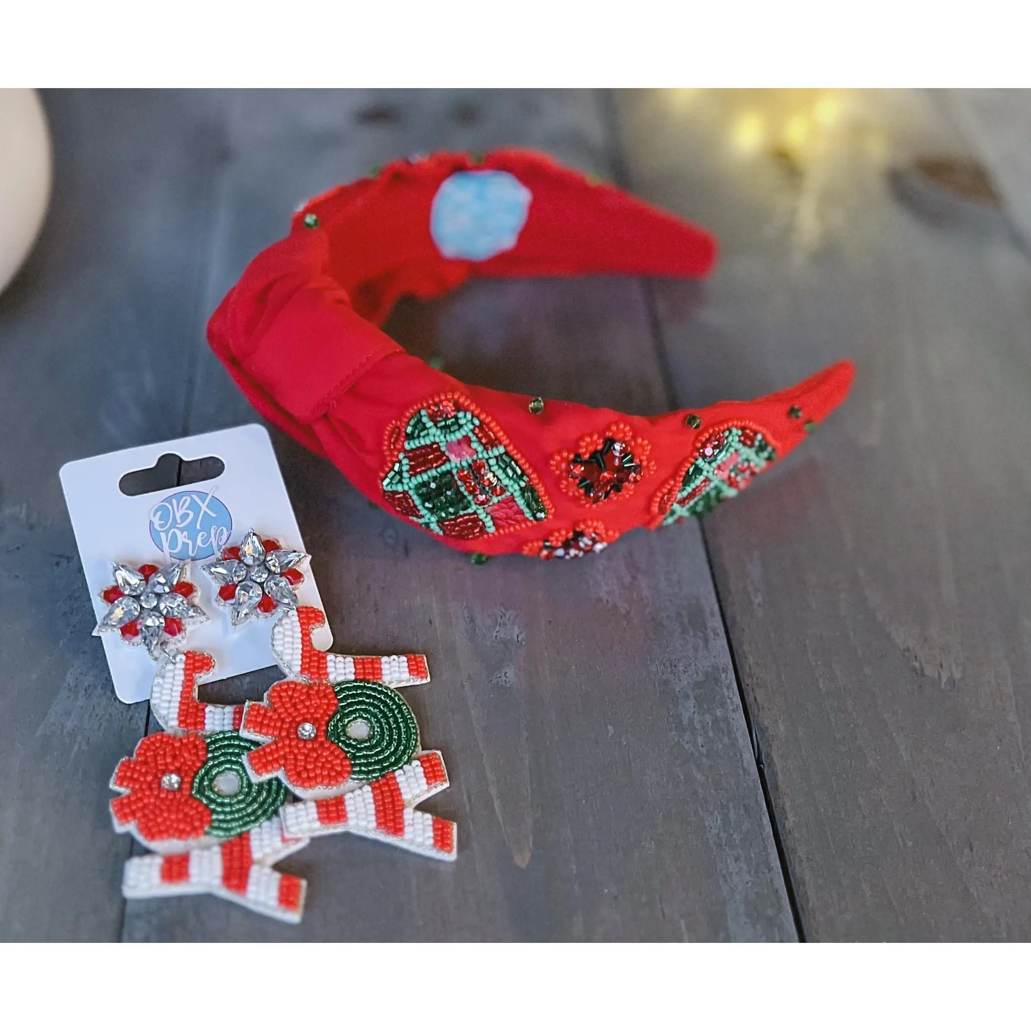 Red and Green Christmas Ornament Beaded. Handmade Headband - OBX Prep Exclusives