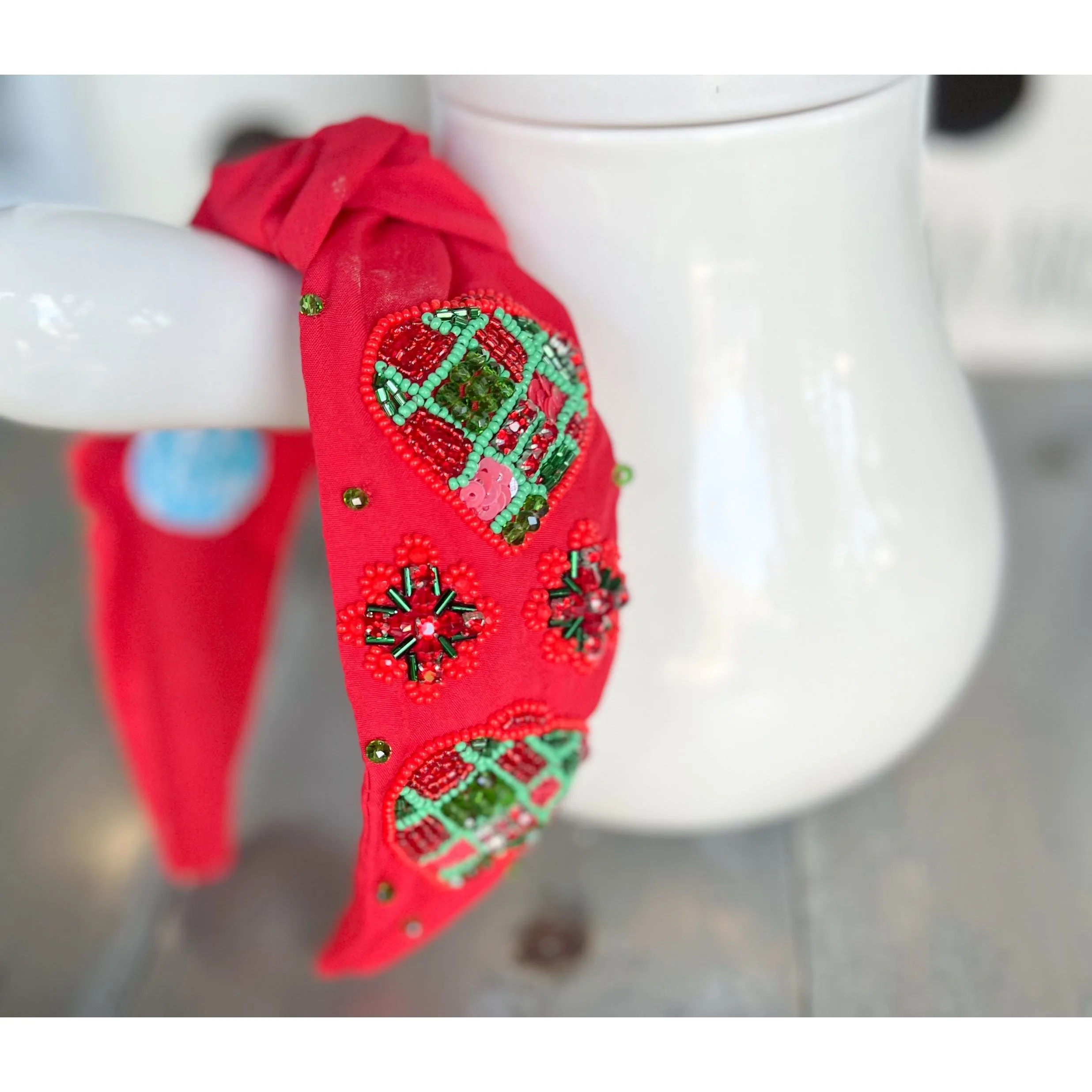 Red and Green Christmas Ornament Beaded. Handmade Headband - OBX Prep Exclusives