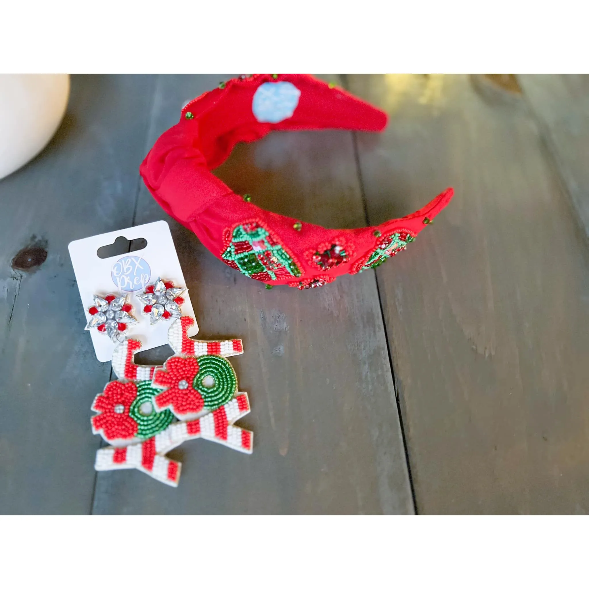 Red and Green Christmas Ornament Beaded. Handmade Headband - OBX Prep Exclusives
