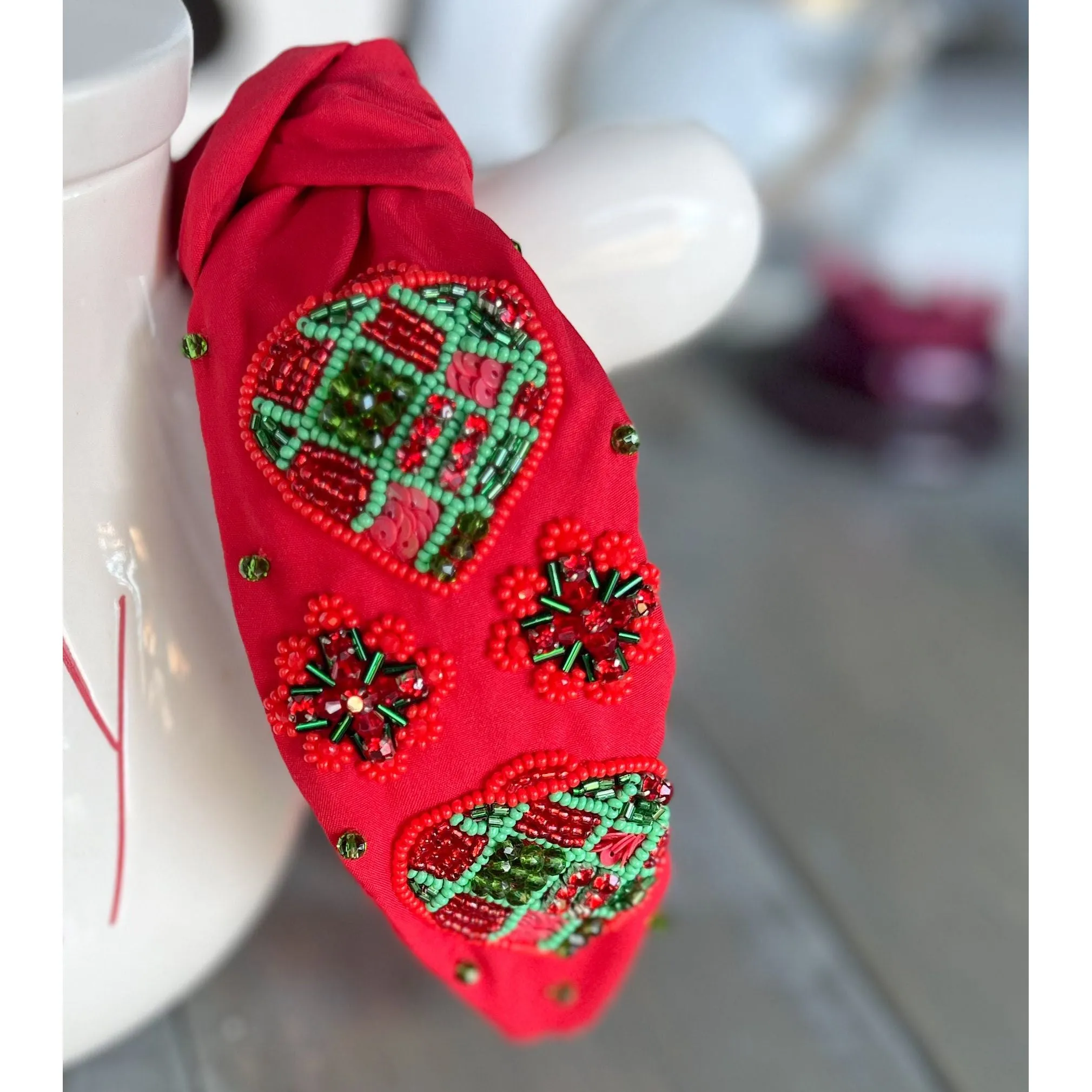 Red and Green Christmas Ornament Beaded. Handmade Headband - OBX Prep Exclusives