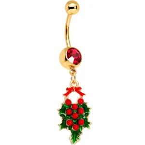 Red Gem Gold Tone Holiday Holly Wreath Dangle Belly Ring