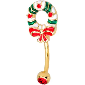 Red Gem Gold Tone Holiday Wreath Christmas Top Mount Belly Ring