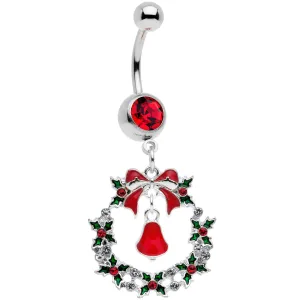 Red Gem Holiday Bell Wreath Christmas Dangle Belly Ring