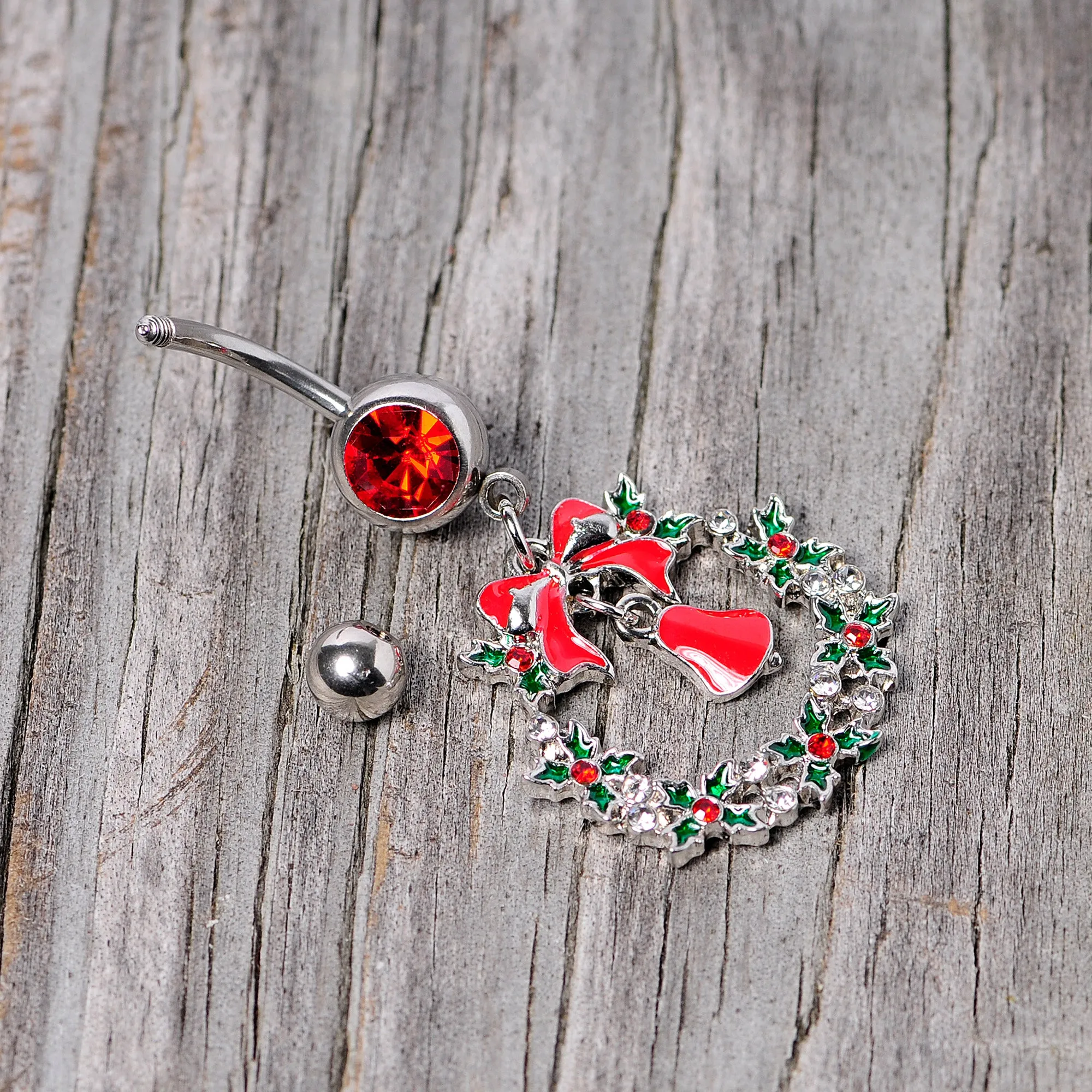 Red Gem Holiday Bell Wreath Christmas Dangle Belly Ring