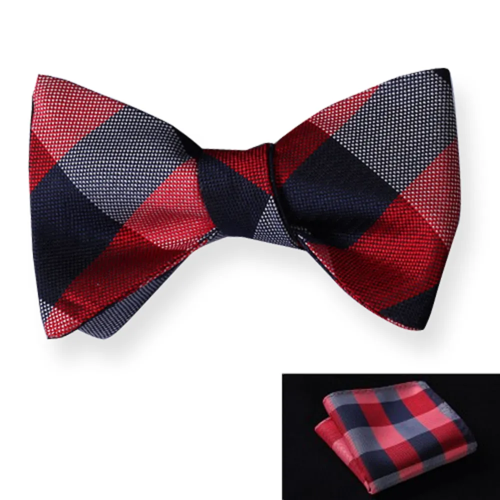 Red Navy Check Mens Silk Self tie Bow Tie with Pocket Squares Set