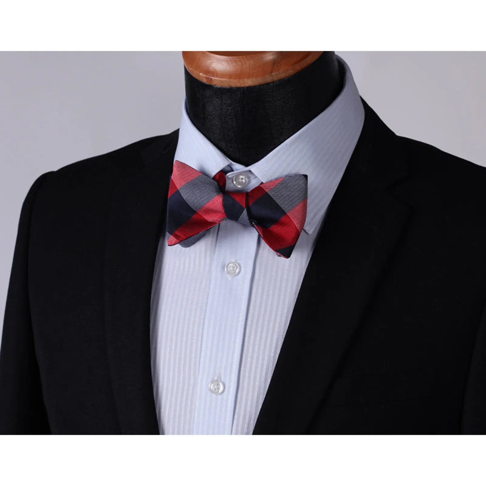 Red Navy Check Mens Silk Self tie Bow Tie with Pocket Squares Set