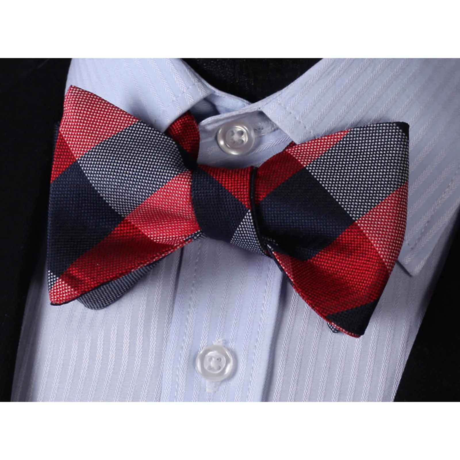 Red Navy Check Mens Silk Self tie Bow Tie with Pocket Squares Set