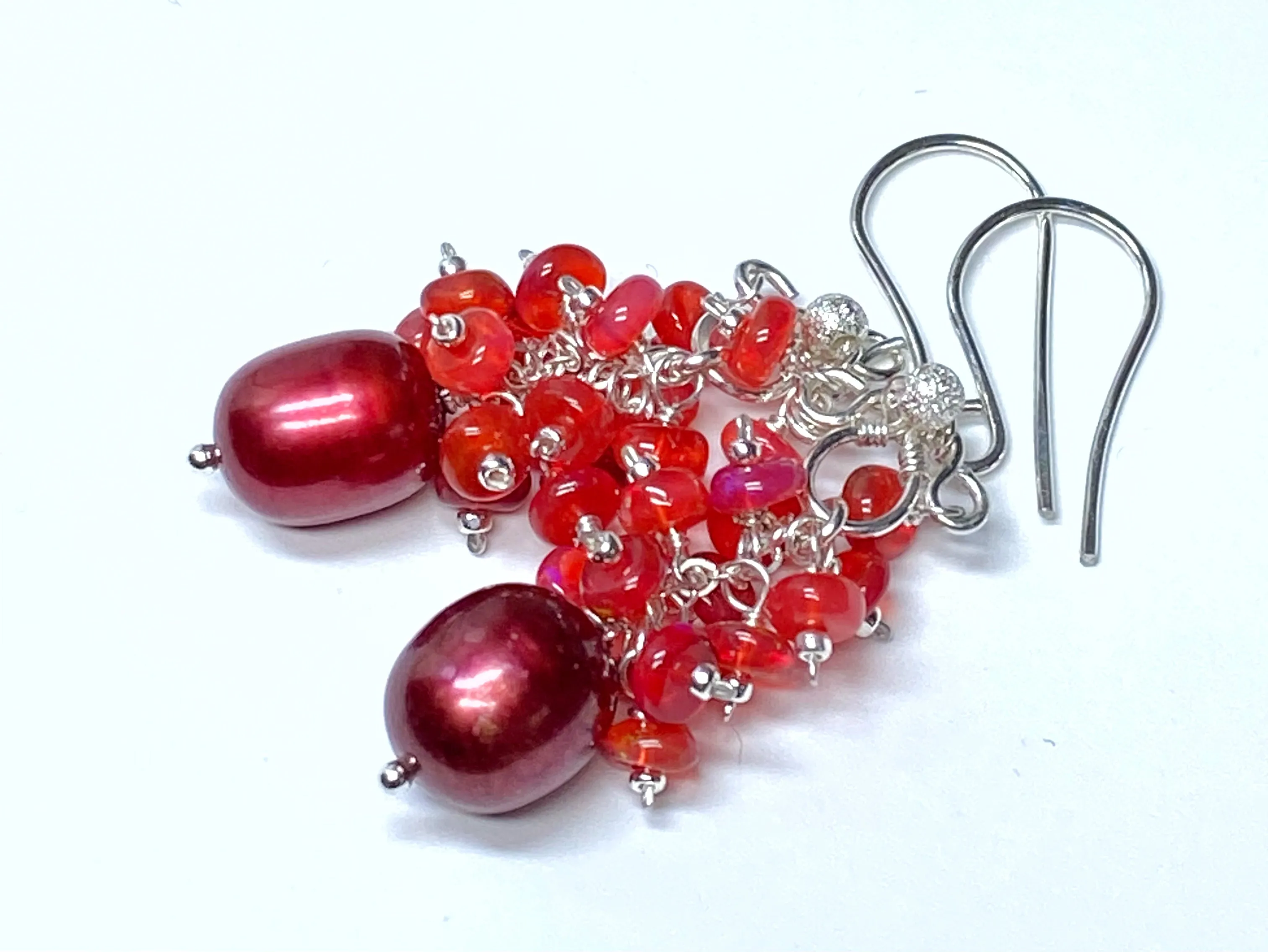 Red Pearl Opal Cluster Earrings in Sterling Silver