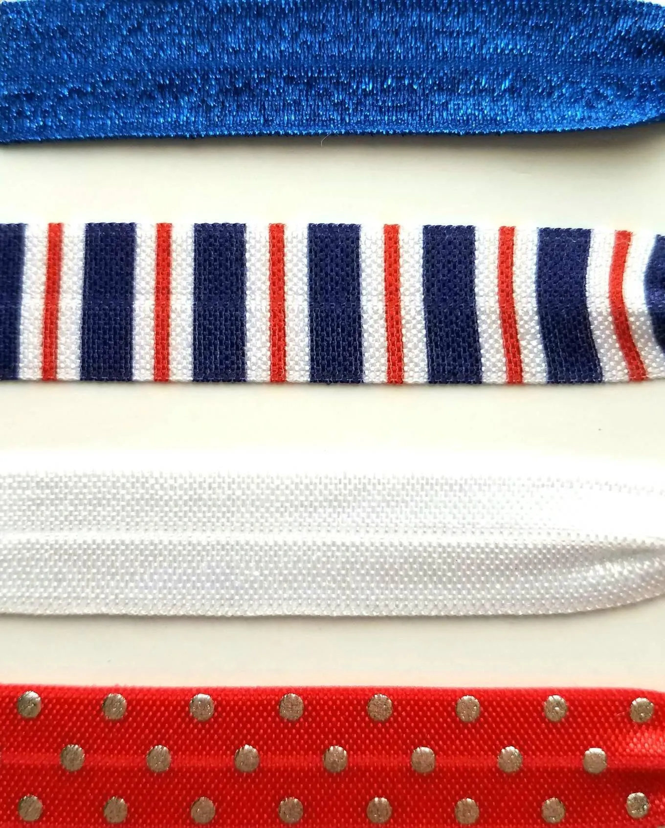 Red White Blue Hair Elastic Set - patriotic stripe polka dot 4th of July nautical theme cobalt sparkle tie band bow ponytail gift women girl