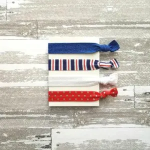 Red White Blue Hair Elastic Set - patriotic stripe polka dot 4th of July nautical theme cobalt sparkle tie band bow ponytail gift women girl