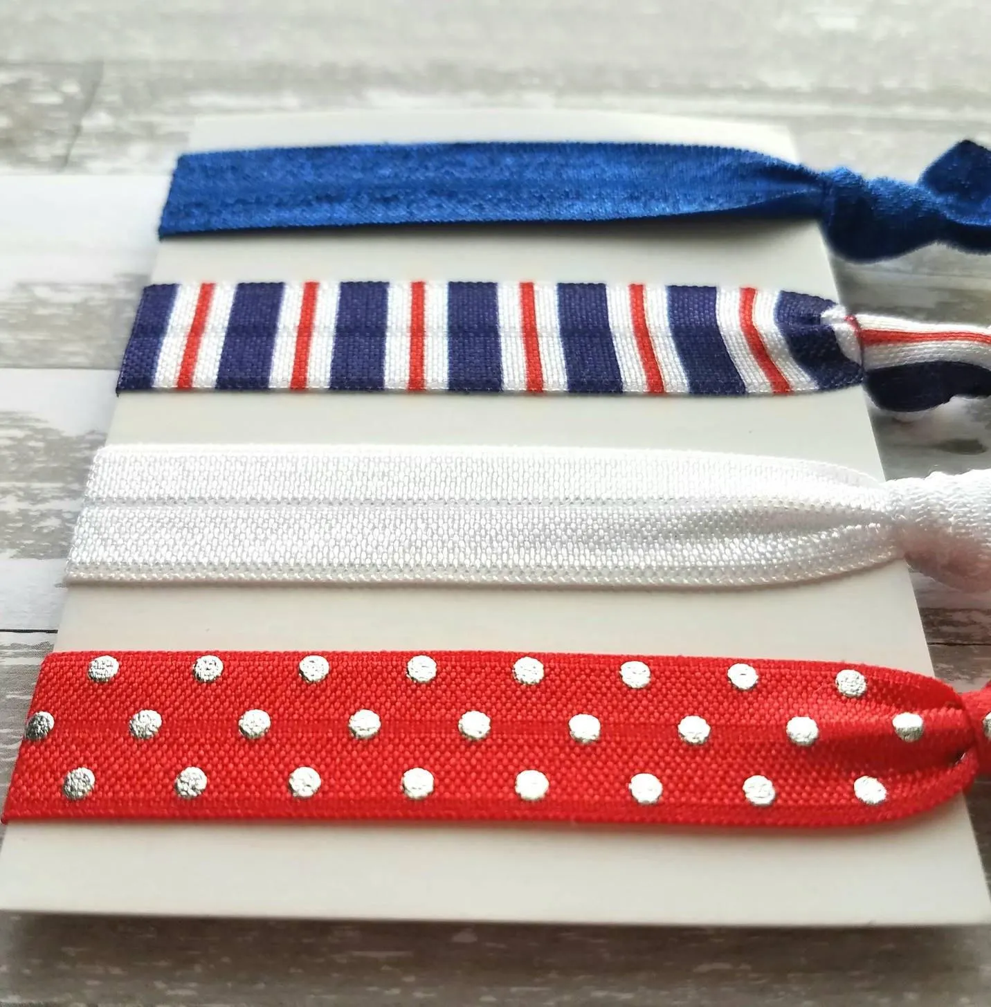 Red White Blue Hair Elastic Set - patriotic stripe polka dot 4th of July nautical theme cobalt sparkle tie band bow ponytail gift women girl