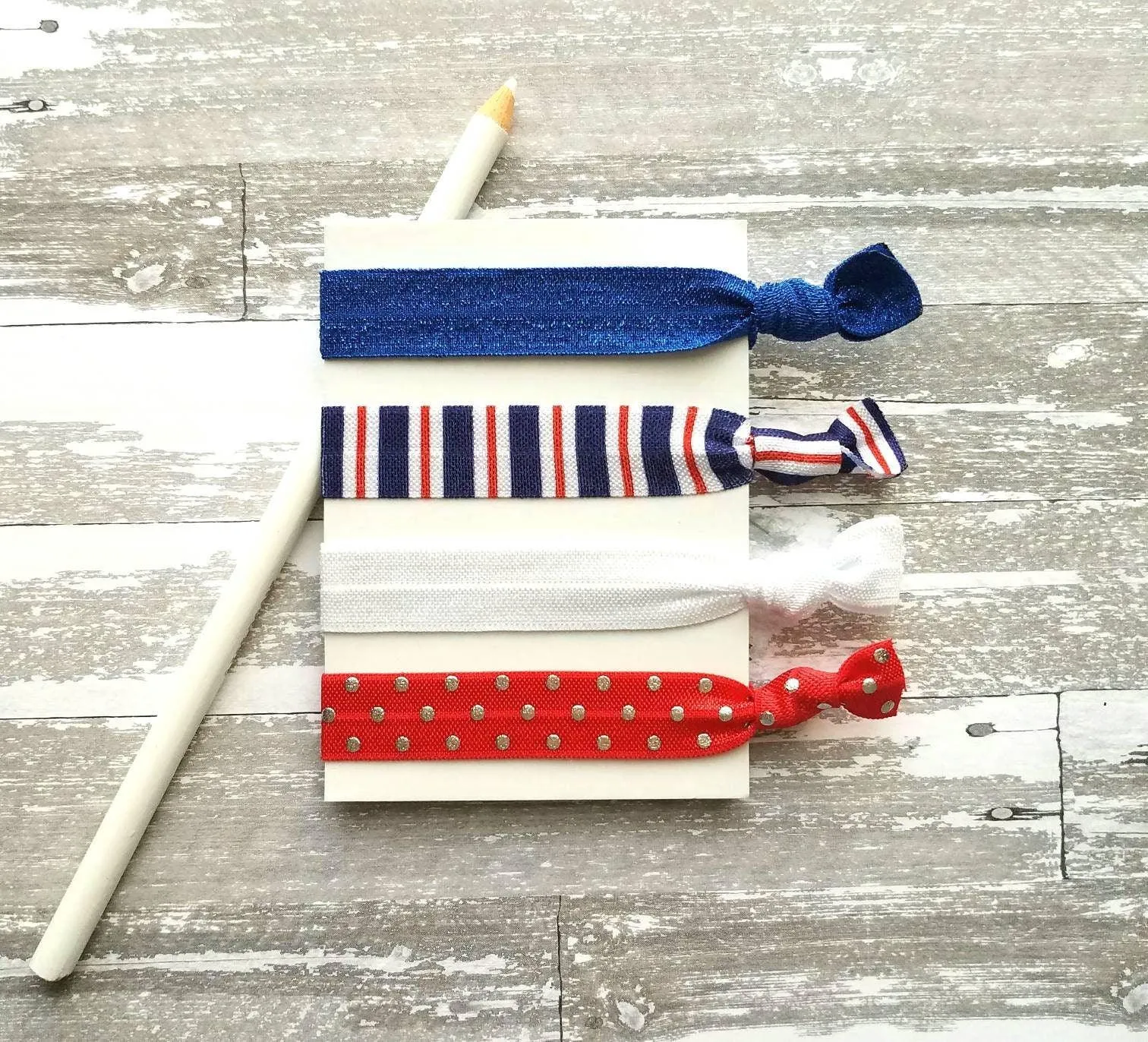 Red White Blue Hair Elastic Set - patriotic stripe polka dot 4th of July nautical theme cobalt sparkle tie band bow ponytail gift women girl