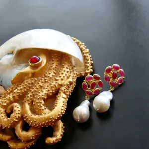 Ruby Baroque Flameball Pearl Dangle Earrings