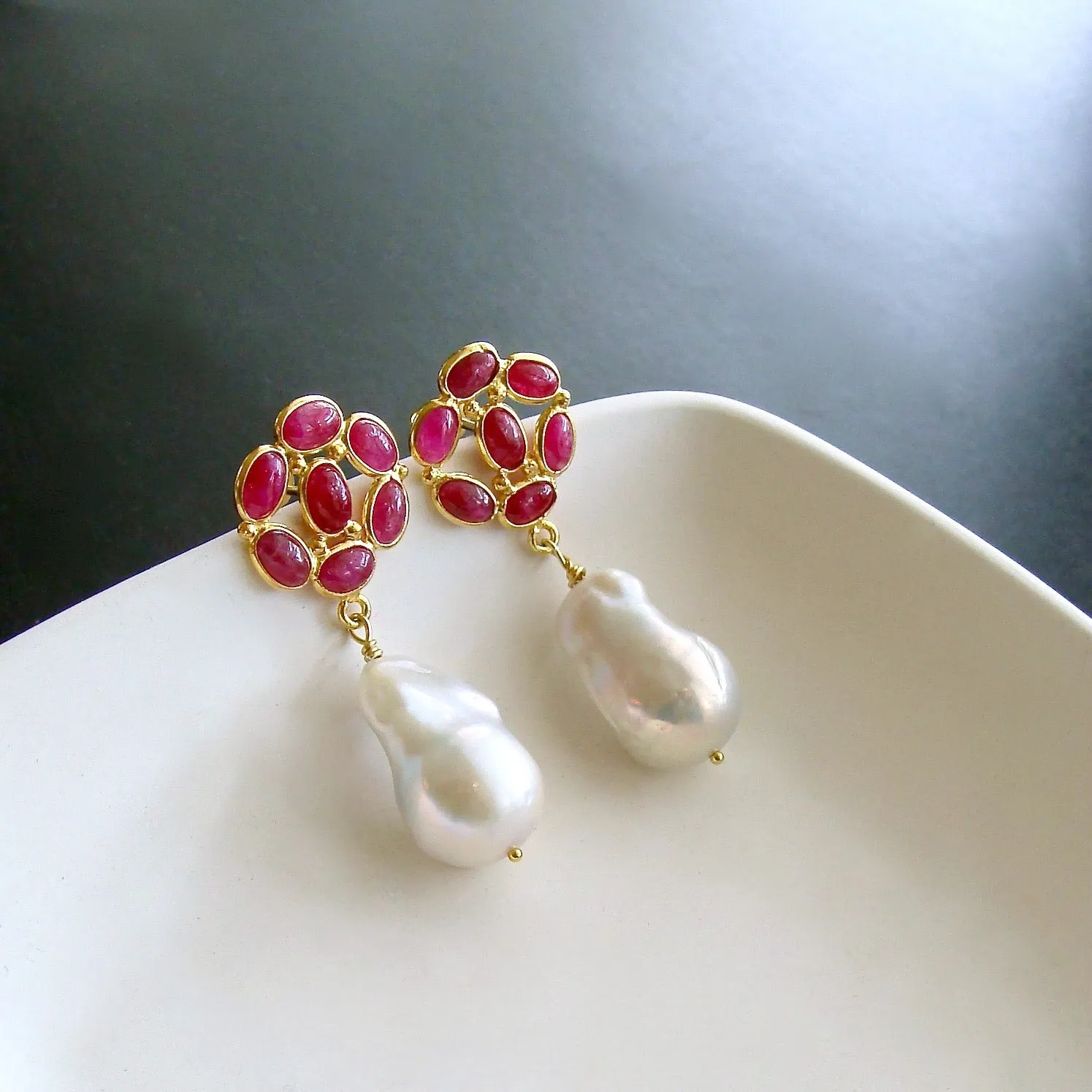 Ruby Baroque Flameball Pearl Dangle Earrings