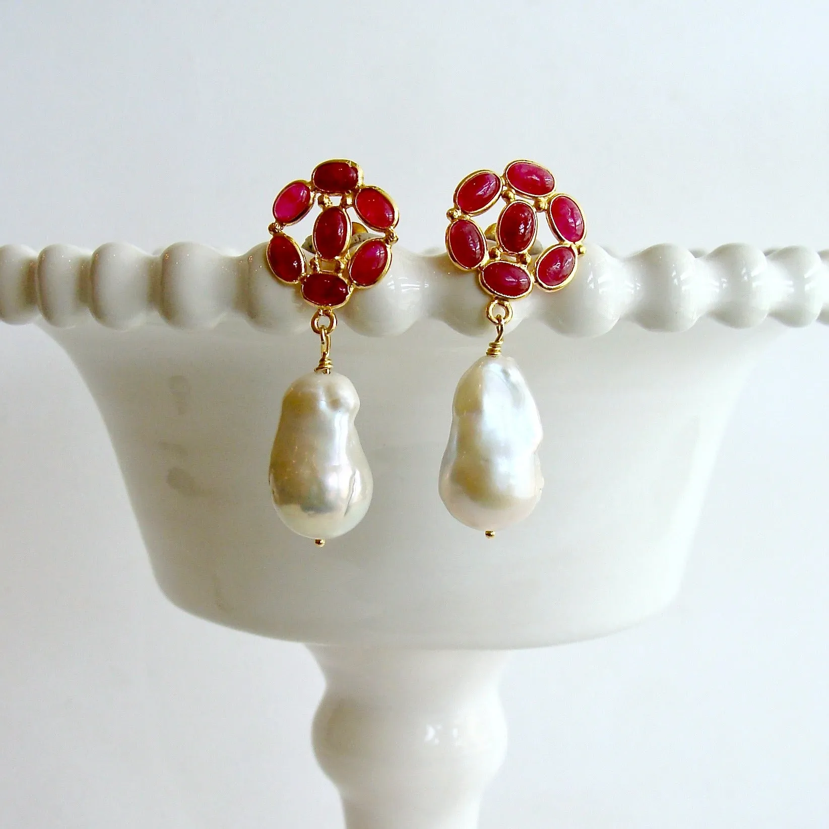 Ruby Baroque Flameball Pearl Dangle Earrings