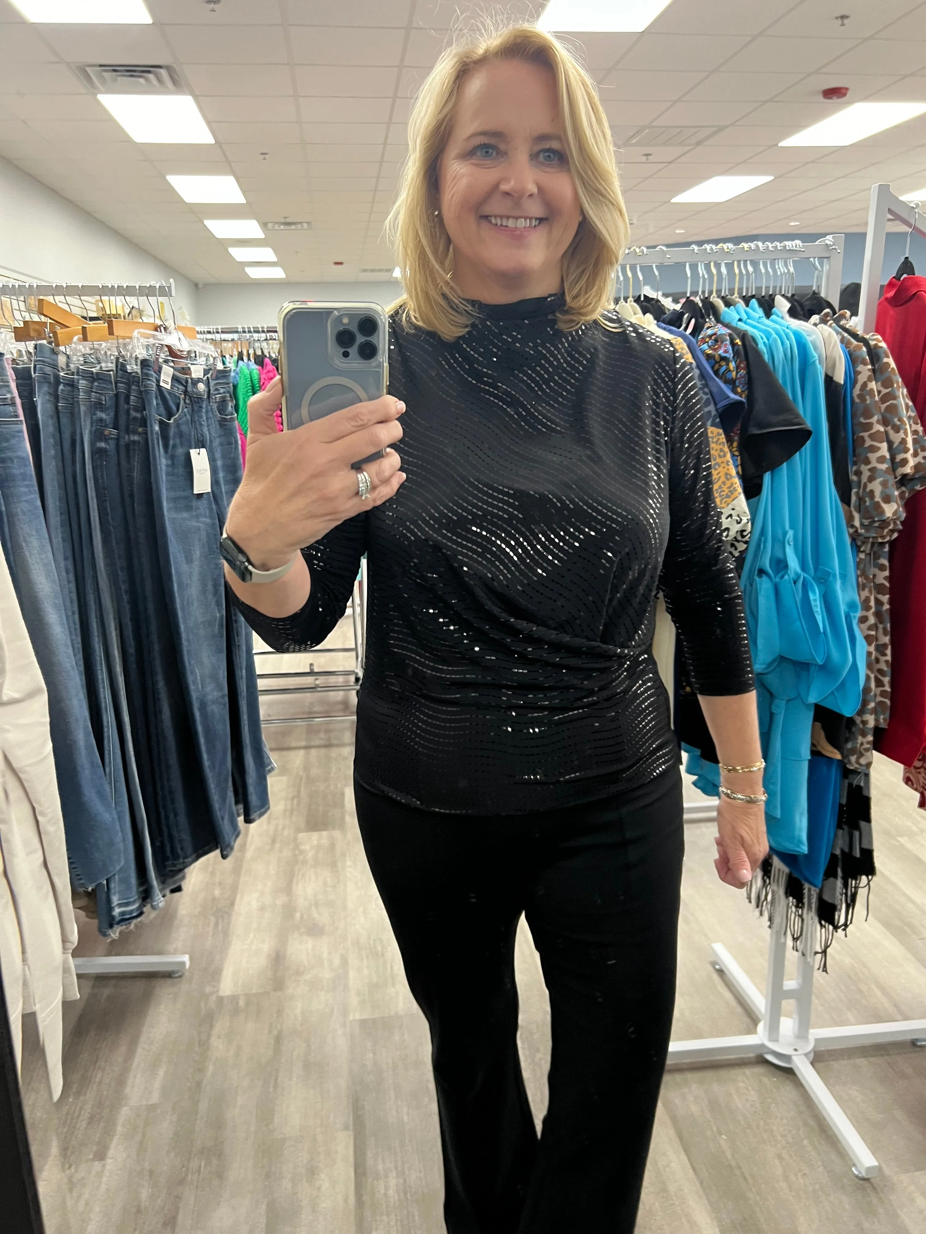 Shimmer drape neck ruched side top