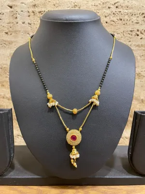 Short Mangalsutra Designs Red Stone Studded Round Shape Pendant Gold Plated with Latkan (23 Inches)