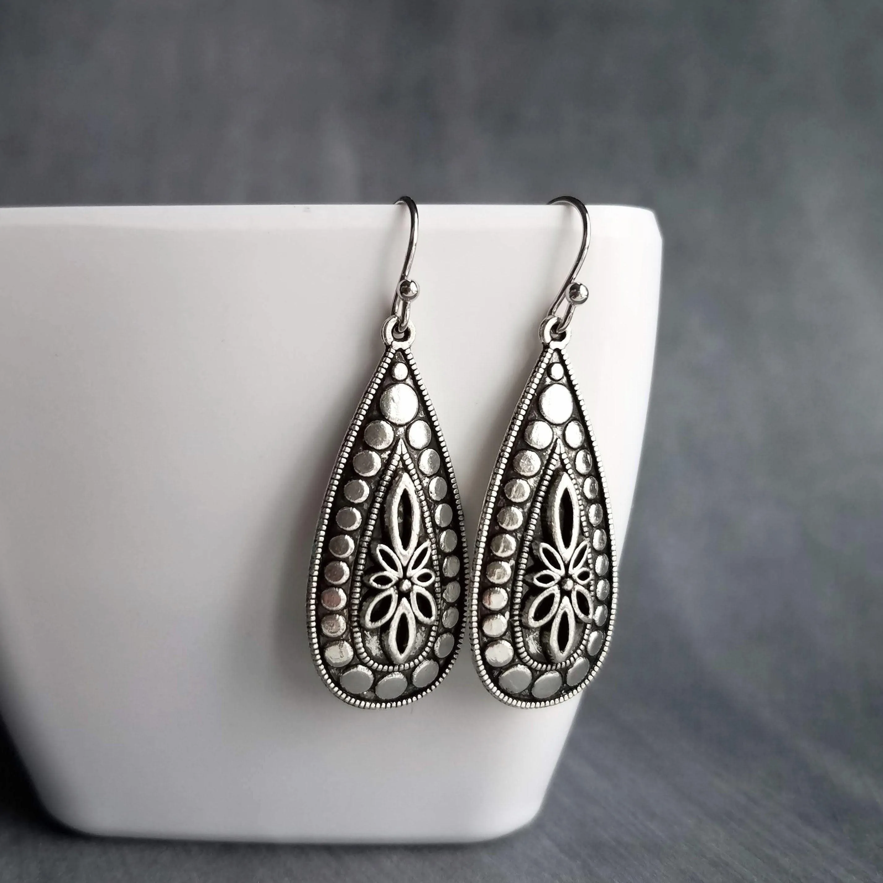 Silver Teardrop Earring, silver boho earring, antique silver dangle, ornate silver drop, tear drop earring, narrow drop earring, elongated
